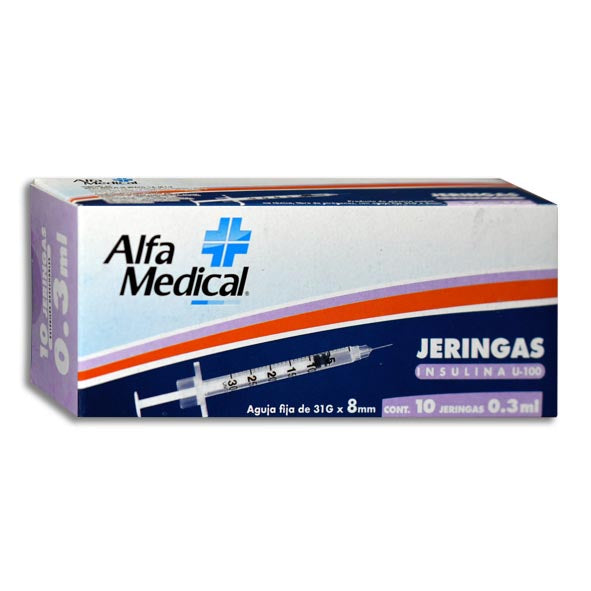 Jeringa para Insulina 0.3 mL (31 G x 8 mm) 10 piezas | Alfa Medical®