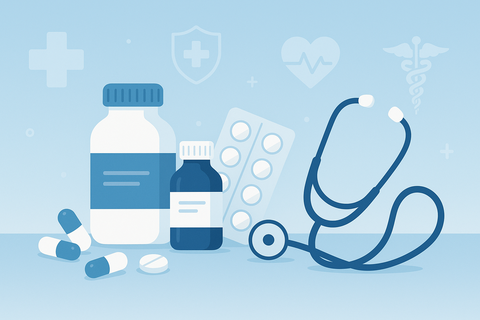 Imagen de elementos farmacéuticos y médicos con tonos azules